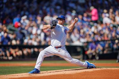 Cubs pitcher Jordan Wicks delivers during the first inning of a Cactus League game against the Dodgers at Sloan Park on Feb. 21, 2025, in Mesa, Ariz.