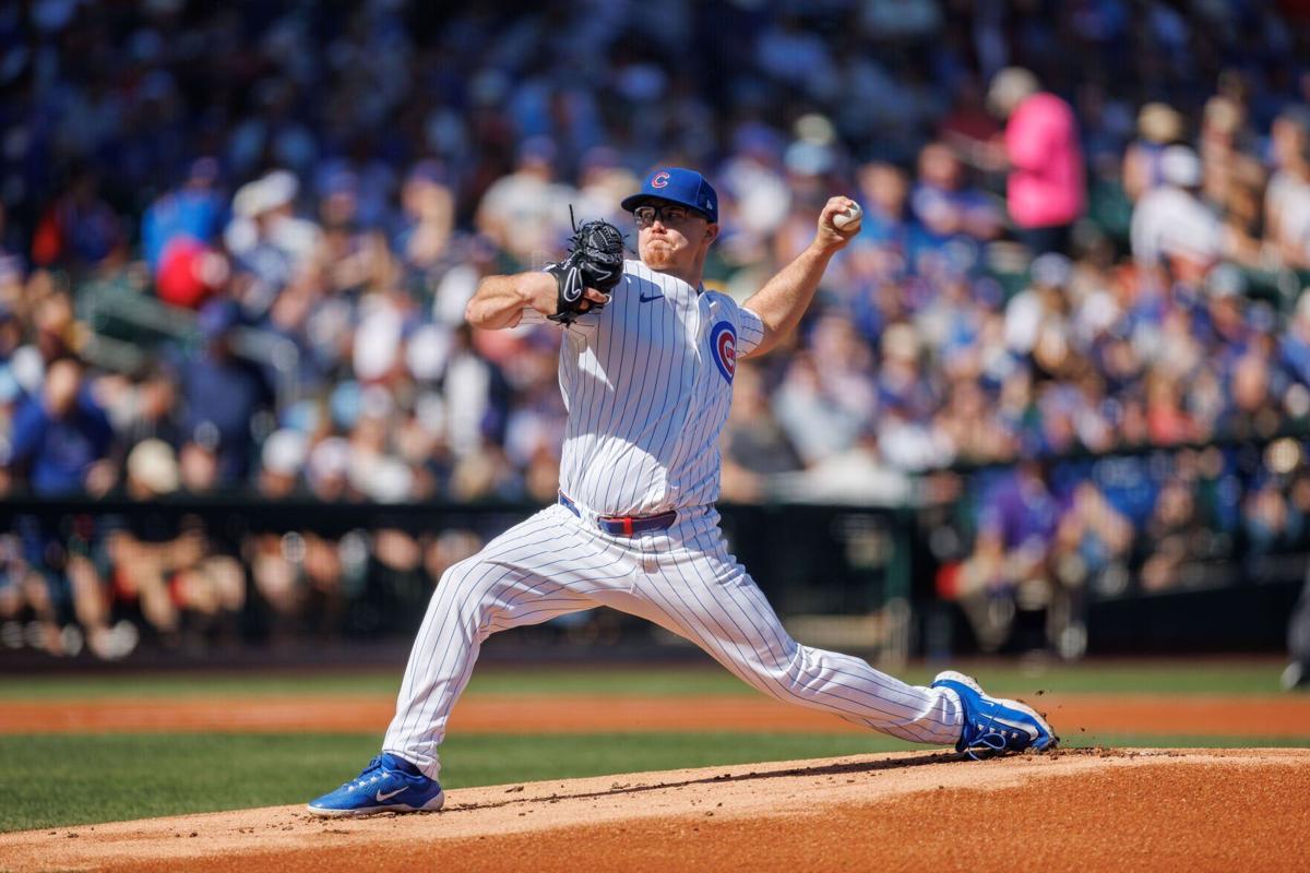 Cubs pitcher Jordan Wicks delivers during the first inning of a Cactus League game against the Dodgers at Sloan Park on Feb. 21, 2025, in Mesa, Ariz.