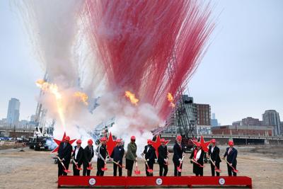 Fireworks and flames go off as Chicago officials and Chicago Fire representatives hold groundbreaking ceremony on March 3, 2026, at the site of what will be the team's new home, a 22,000-seat, open-air soccer stadium at the north end of the area called ...