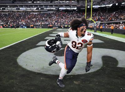 Chicago Bears defensive end Daniel Hardy (92) celebrates after a victory over the Las Vegas Raiders at Allegiant Stadium in Las Vegas on Sept. 28, 2025.