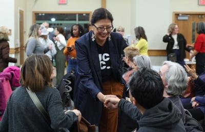 Illinois comptroller candidate and state Sen. Karina Villa greets attendees before a Democratic candidate forum at the Des Plaines Public Library, Feb. 6, 2026.